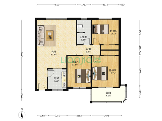 民航路17号院 3室1厅1卫 110平方