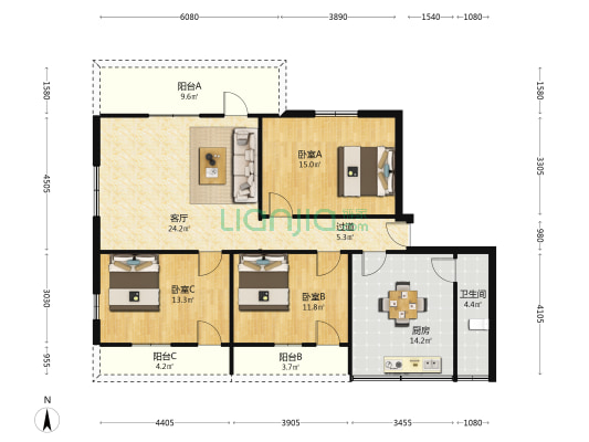 麦地路49号 3室1厅1卫 114平方