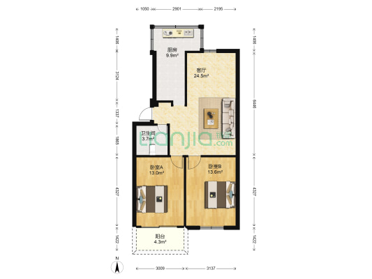 北江新村 2室1厅1卫 83平方