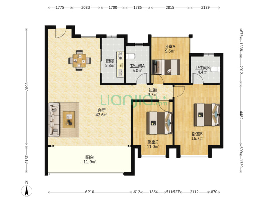 融创印河湾 3室1厅2卫 139平方