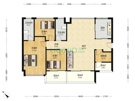 碧桂园世纪中心 3室1厅2卫 126平方