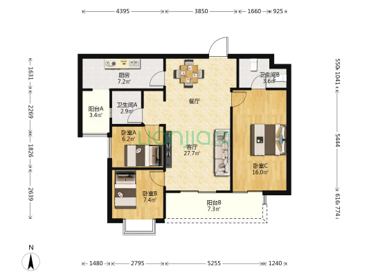 俊发龙泉俊园 3室1厅2卫 108平方