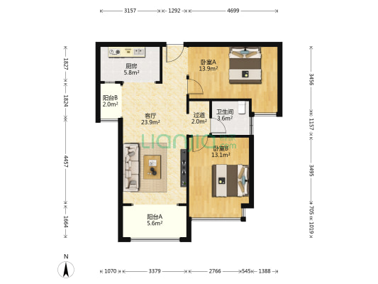 瀚宇天悦湾10号院 2室1厅1卫 91平方