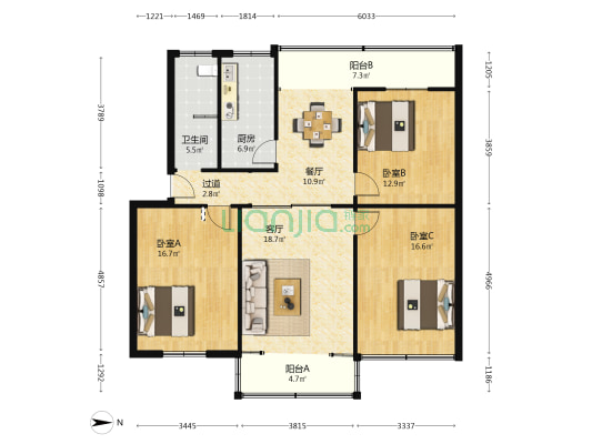 西藏广电苑58号院 3室2厅1卫 124平方