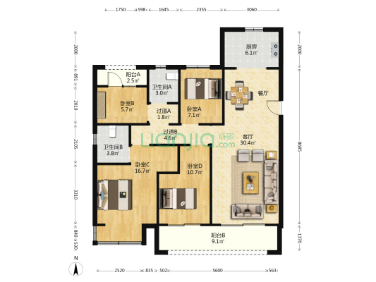 美的东润智慧城 4室1厅2卫 133平方