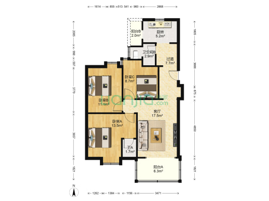 边检生活区 3室1厅2卫 91平方