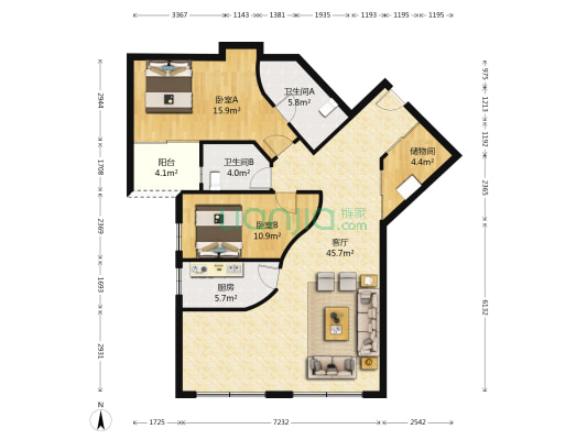 阳光100 2室1厅2卫 134平方