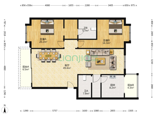 中山嘉园 2室1厅2卫 212平方