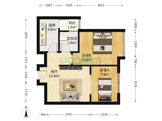 龙天名俊 2室1厅1卫 55平方
