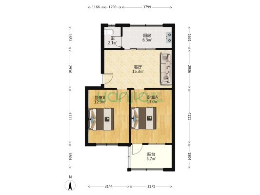 少管所宿舍 2室1厅1卫 65平方