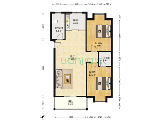 兰亭雅居 2室1厅2卫 99平方