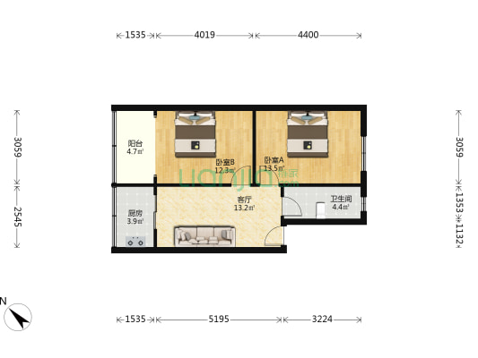 一心园 2室1厅1卫 58平方
