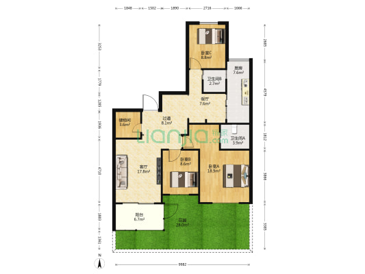 美河园 3室2厅2卫 116平方