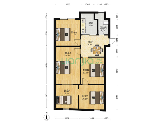 化工站宿舍 5室1厅1卫 90平方