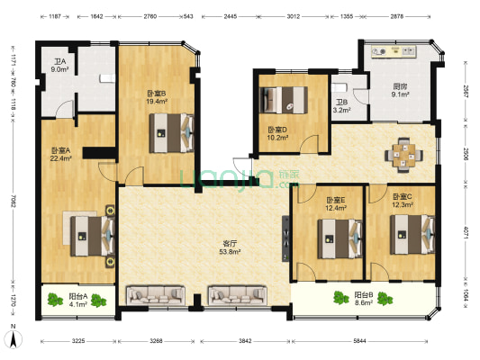 美舍小区 5室1厅2卫 187平方