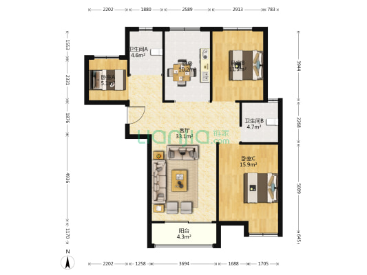 老报馆时代广场 3室1厅2卫 112平方