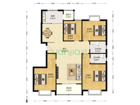 万家华庭 4室1厅2卫 151平方