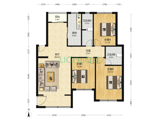 洪河北路589号院 3室1厅2卫 121平方