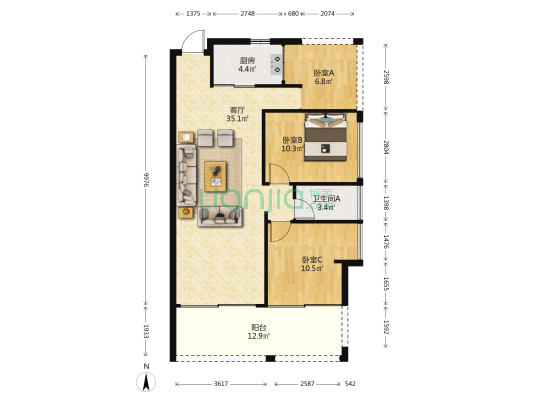 卓洲悦园 3室1厅1卫 97平方
