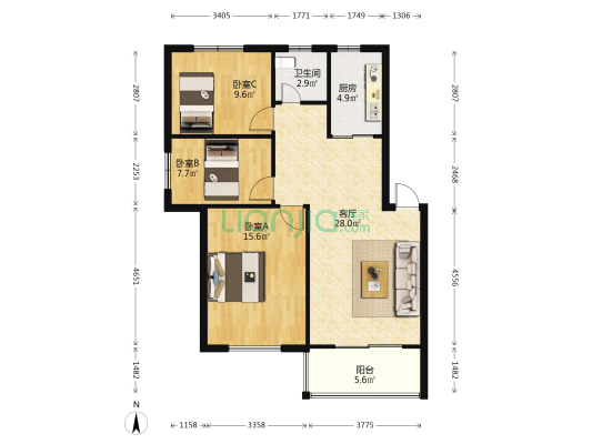 采莲郡小区 3室1厅1卫 89平方