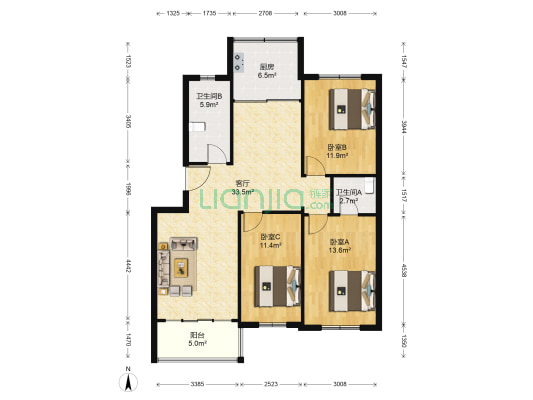 横山街小区2区 3室1厅2卫 111平方
