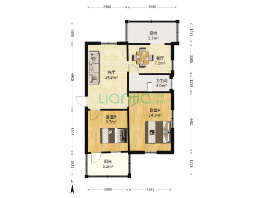 祝家巷工商银行宿舍 2室2厅1卫 61平方