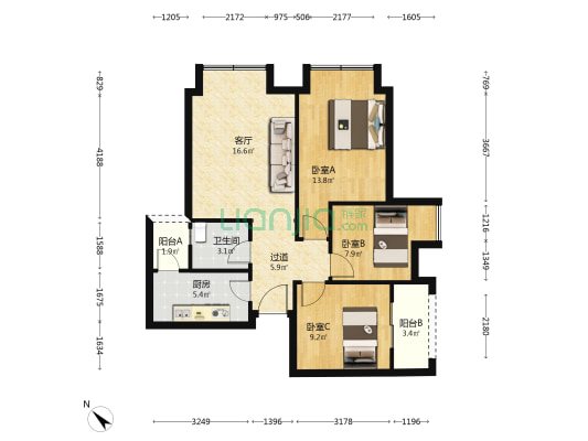 锦外中心 3室1厅1卫 84平方