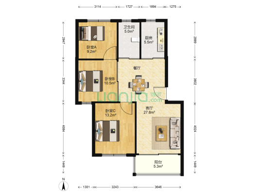 梅江北苑 3室1厅1卫 90平方