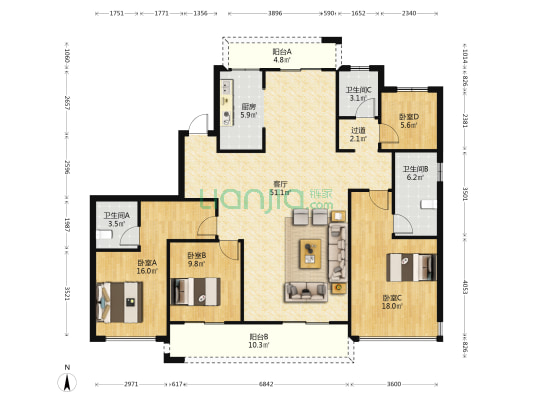华鸿玺园 4室1厅3卫 171平方