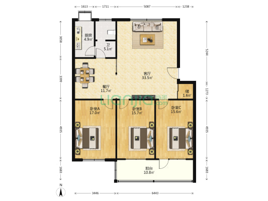 建国商住楼 3室2厅1卫 138平方