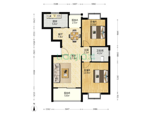 中梅苑四期 2室2厅1卫 92平方