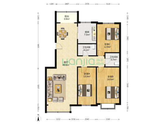 金海岸花园 3室1厅2卫 140平方