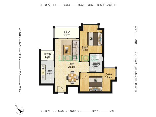 恒大文化旅游城二期 2室1厅1卫 58平方