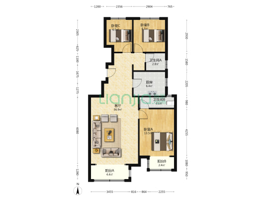 双语，自主标准装修，一梯两户，通透三居双卫，带车位-户型图