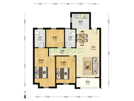 湾田望江府 3室1厅2卫 108平方