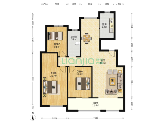 景泰源 3室1厅1卫 129平方
