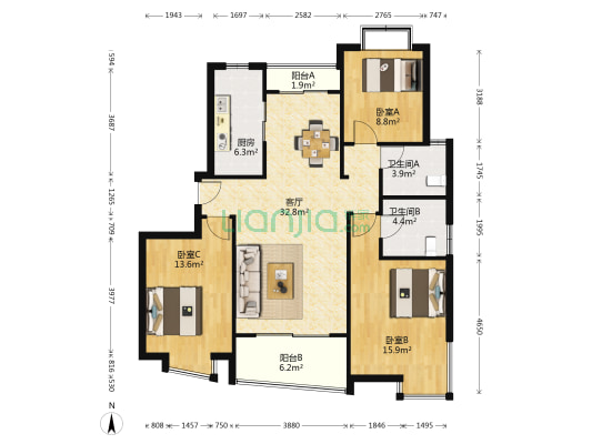 樱源晶舍 3室1厅2卫 121平方