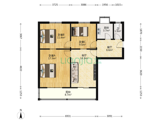 劳动路32号院 3室2厅1卫 97平方