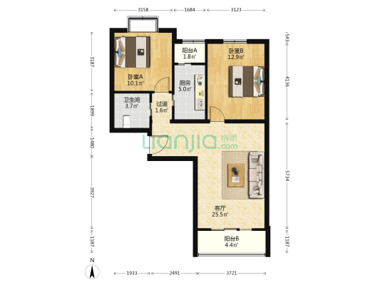 世纪东方城北区 2室1厅1卫 86平方