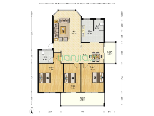金凤凰城市家园二期 3室1厅2卫 155平方