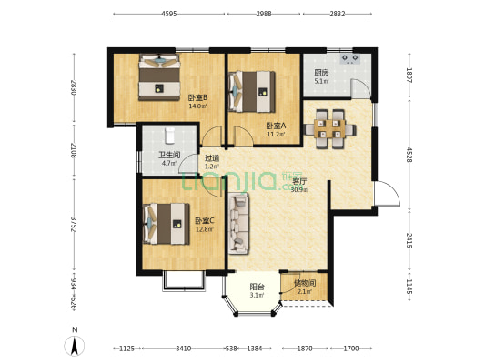 赵都新城美和园 3室1厅1卫 125平方