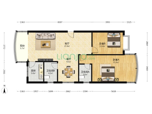 荣耀园 2室2厅2卫 100平方