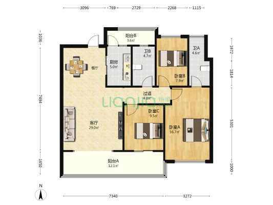 阳光金典 3室1厅2卫 127平方