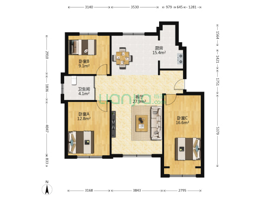 绿谷庄园小区 3室1厅1卫 111平方