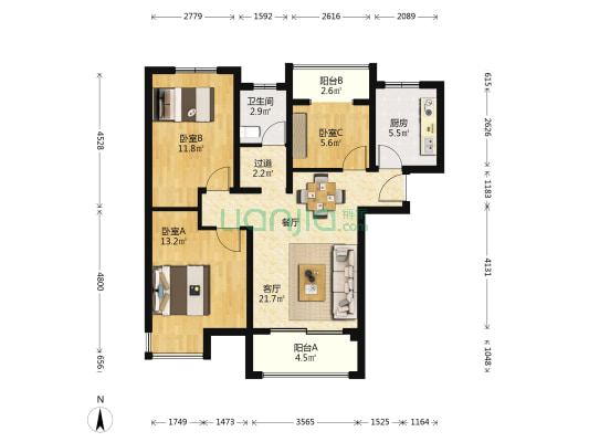 厚德苑B区 3室1厅1卫 97平方