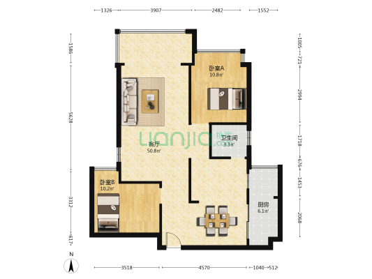 隆生·花边岭东 2室1厅1卫 107平方