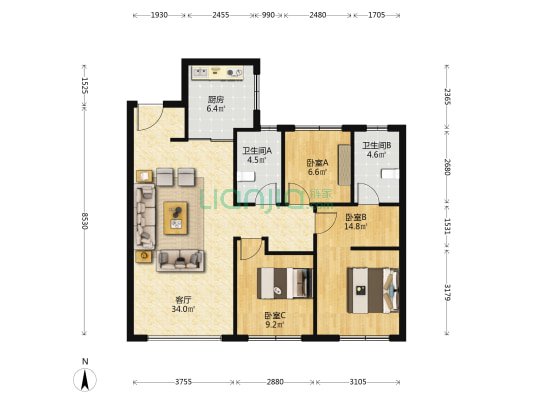 京西祥云 3室1厅2卫 103平方