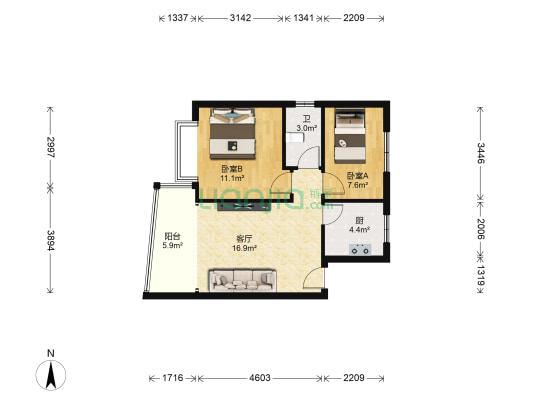 帝豪怡庭 2室1厅1卫 60平方