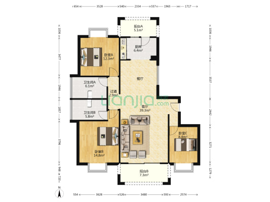 都铎城邦6号院 3室1厅2卫 134平方