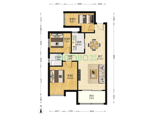 长龙湾 3室1厅1卫 91平方